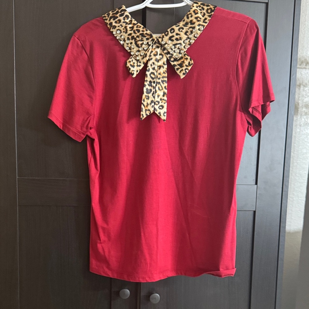 Red Top with Leopard Print Bow